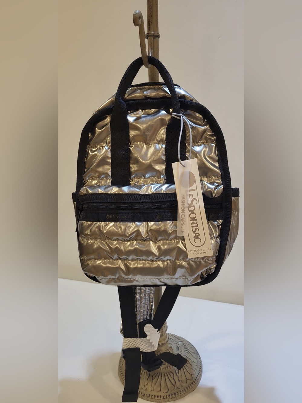 LESPORTSAC Gabrielle micro silver quilted backpack/purse